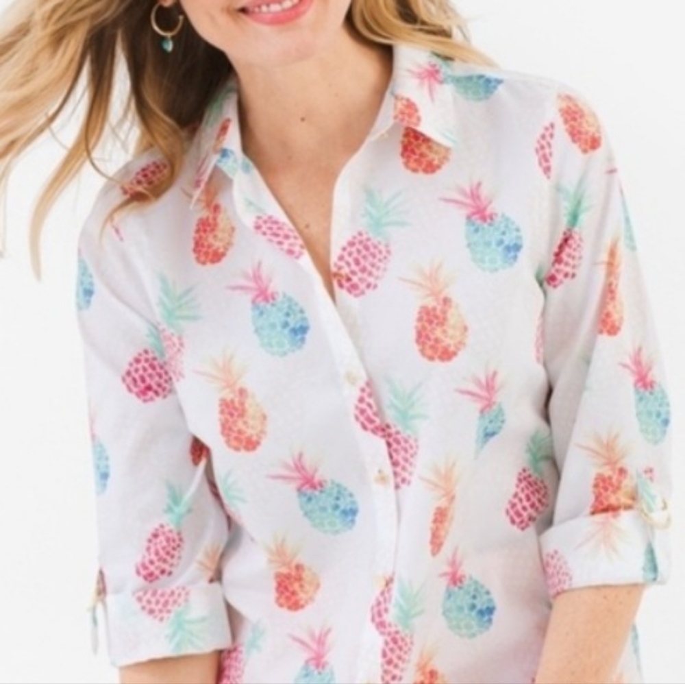 Chicos Shirt Womens Size 2 Large No Iron Button Tropical Pineapple Roll Tab